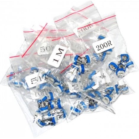 Pack 65 potenciometros lineal DIP, 13 valores diferentes, 5 de cada valor de 100 ohm  a 1 Mohm (1/4)
