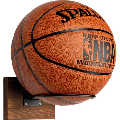 Filiyano – Support mural pour ballons de basketball, football et volleyball, en bois et métal, style rustique marron. (1/5)