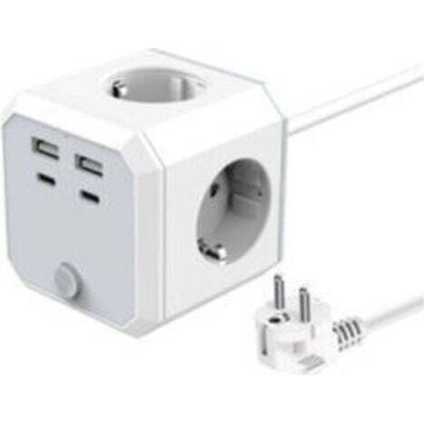 Cube Power Strip with 4 Outlets and 3 USB Ports, Tower Power Strip 1.8m Suitable for Home and Office, White (1/2)