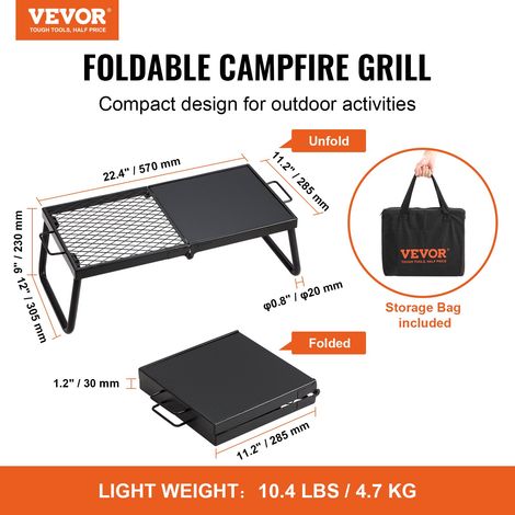 Grille Pliante 57x28,5x23 cm Gril de Feu de Camp Portable en Acier Grille de Cuisson Pliable Demi-Grille Demi-Plaque avec Sac de Transport pour Foyer BBQ Pique-Nique Jardin Balcon Voyage Camping (1/5)