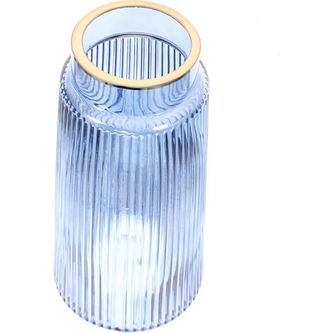 Vase à Fleurs en Verre Transparent Rayé Vertical 25 Cm Gris Bleu Bord Doré Décoration Maison Table Salon Événement (1/5)