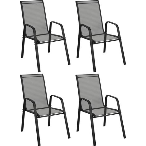 Set de 4 chaises de jardin empilables gain de place avec accoudoirs en metal et tissu maille Noir
