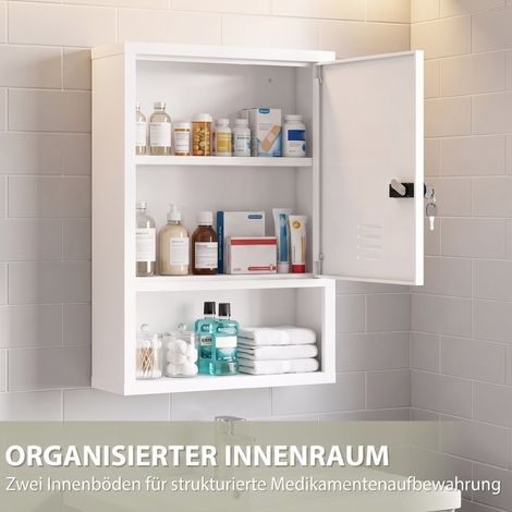 Armoire à pharmacie murale en acier blanc, verrouillage à code et clé, deux niveaux, porte ventilée, compartiment ouvert, croix rouge, rangement sécurisé pour médicaments – CHICFURN (1/5)