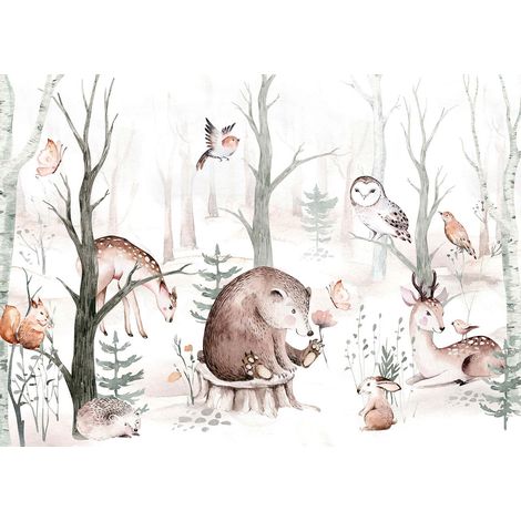 Tableau automne animaux de la forêt | Tableau marron & blanc pour chambre de bébé | Tableau sur toile parfait pour chambre enfant fille & garçon 0,7 x 0,5 m (1/2)