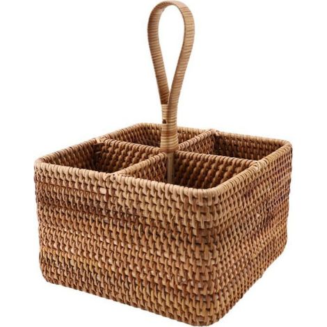 1 Panier de rangement en osier, 4 compartiments, tissé à la main, pour vin et ustensiles, usage domestique et pique-nique (1/5)
