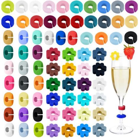 Marqueurs pour verres à vin - - Lot de 72 - Réutilisables - Silicone - 24 couleurs (1/4)