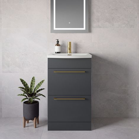 Napoli 390 Gloss Grey 500mm 2 Drawer Vanity Unit with Arc Basin - 500mm - Brushed Brass 320mm Handle