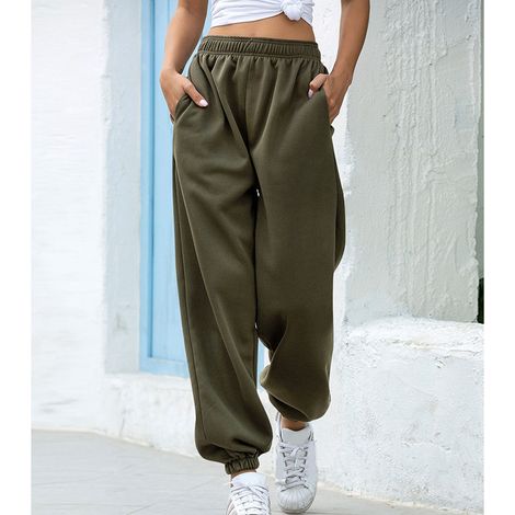 Pantalon long pour femme, taille élastique, couleur unie, ourlet resserré aux chevilles, effet duveteux tendance, vert olive, taille XL (1/5)