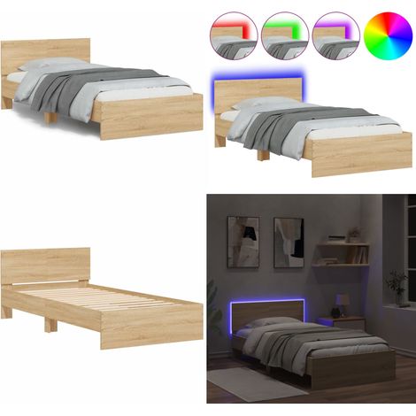 Bettgestell mit Kopfteil & LED-Leuchten Sonoma-Eiche 100x200 cm - Holzbettfassungen - Betten Mit Beleuchtung - Kopfteilbett - Lattenrost - Sonnenholzbette - Home & Living (1/5)