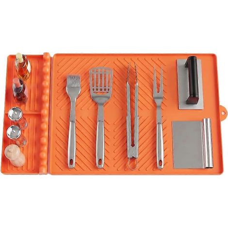 Tapis de protection latéral en silicone pour barbecue, tapis de cuisson avec bac récupérateur de graisse, accessoire plan de travail extérieur orange (1/5)