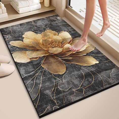 Tapis de bain en terre de diatomée – Forme irrégulière élégante, absorption rapide, antidérapant et résistant à la saleté & l’usure, motif 3D raffiné pour salle de bain (60 x 90 cm, modèle « Épanouiss