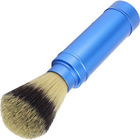 1 brosse à barbe et rasage homme portable voyage soin visage mousse accessoire aluminium bleu avec tube étui (1/5)