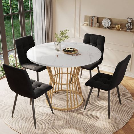 Ensemble repas rond 100cm avec 4 chaises en velours noir, plateau mdf blanc et pieds métal dorés (1/5)