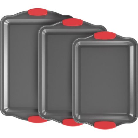 Set di teglie antiaderenti, composto da 3 teglie per biscotti con manici in silicone, teglia in acciaio al carbonio, teglia resistente per torte e biscotti (grigio scuro) (1/2)