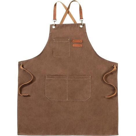 Delantales de lona, delantales de trabajo para hombres y mujeres, delantales de chef con correa ajustable y 3 bolsillos, delantal para camareros, cocina, cocina, artistas, pintores, espalda cruzada (1/4)