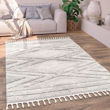 Paco Home Alfombra Salon De Habitacion Pelo Corto Boho Chic Etnica Nordica Rombo 3D Flecos 200x290 cm, Gris