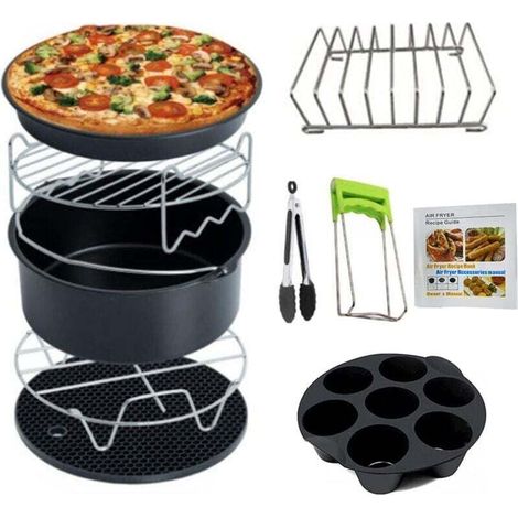 Accessoires de Friteuse à Air Ensemble de 10 Pièces de 7 Pouces Adapté de Air Fryer 5,2 à 5,8 QT, Avec Revêtement Antiadhésif,Lavable en Machine(19.8CM, Noir) (1/4)
