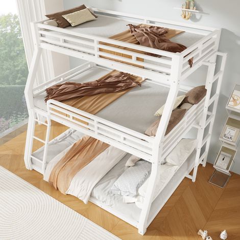 Lit superposé triple en métal blanc, couchages 90 x 200, 120 x 200 et 140 x 200 cm, avec deux échelles et barrières de sécurité, sans matelas – CHICFURN (1/5)