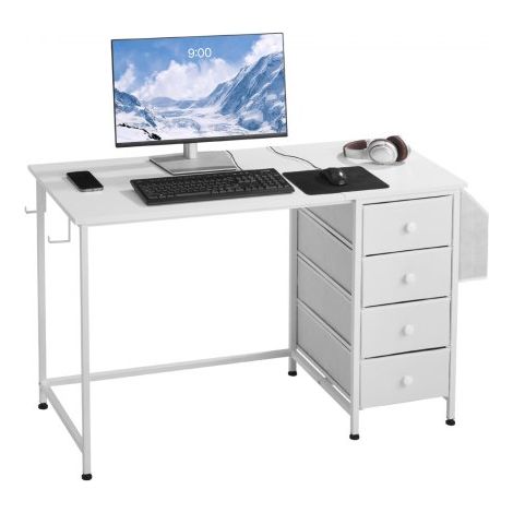 Mesa de Estudio 120 x 50 x 75 cm, Escritorio de Ordenador con Cajones de Tela, Tablero de Partículas y Soporte de Metal, Mesa de Escritura Carga de 99 kg, para Oficina, Estudio, Casa, Blanco (1/5)