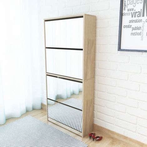 Vidaxl – Meuble à chaussures avec miroir 4 étagères 63x17x134 cm – Chêne moderne – Fixation murale – Capacité 12 paires (1/6)