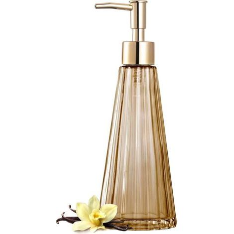 pair Distributeur de savon en verre vintage élégant, distributeur de savon, désinfectant, shampoing avec pompon, décor de ferme rustique, accessoires de salle de bain (ambre)