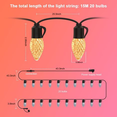 LED Guirlande Guinguette Coloré,15M RGB Guirlande Lumineuse Extérieure et Intérieure avec télécommande,IP65 étanche,25 Dimmable Ampoules pour Jardin,Magasin,Terrasse,Salon,Chambre,Blanc chaud (1/4)