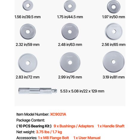 VEVOR Bearing Press Kit, 10 Pcs, Bearing Race and Seal Driver Set with 9 Bushings and Handle Shaft, Bushing Driver Tool Set, Heavy Duty Aluminum Alloy Removal Installation Tool Kit with Storage Case (1/4)
