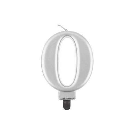 Vela con el número 0, color plata metalizado, 8 cm, 1 unidad. (1/2)