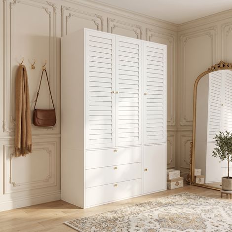 Armadio a 3 ante, eleganti ante a doghe, bianco, 135 x 50 x 200 cm, con 1 appendiabiti per pantaloni, 2 barre appendiabiti e 3 cassetti, armadio moderno per camera da letto, cameretta bambini e uffici (1/5)