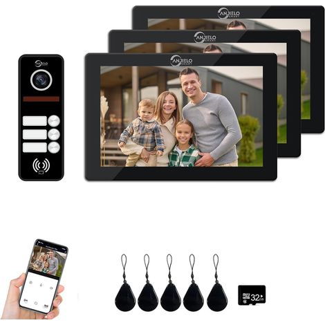 Interphone vidéo 1080P (Sonnette Filaire), Sonnette pour 3 familles, écran Tactile de 7 Pouces, déverrouillage Possible, interphone bidirectionnel (Noir)