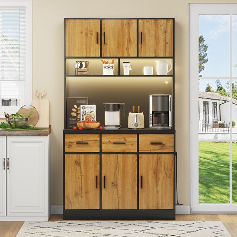 Credenza cucina 100x40x180 cm con LED, prese USB, nero e legno naturale DESVIAE (1/5)