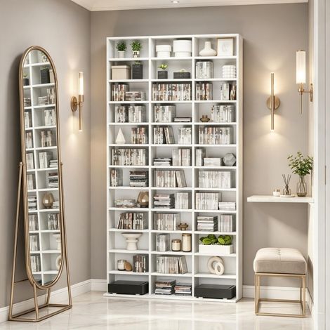 Lot de 1 tour de rangement CD/DVD en MDF blanc, jusqu'à 1116 CD, pour maison et bureau (1/5)