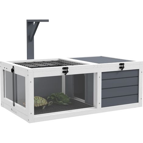 1 Enclos Pour Tortue Bois Massif Gris, 2 Espaces Avec Niche Et Aire De Jeux, Support Lampe, 81x48x31,5 Cm