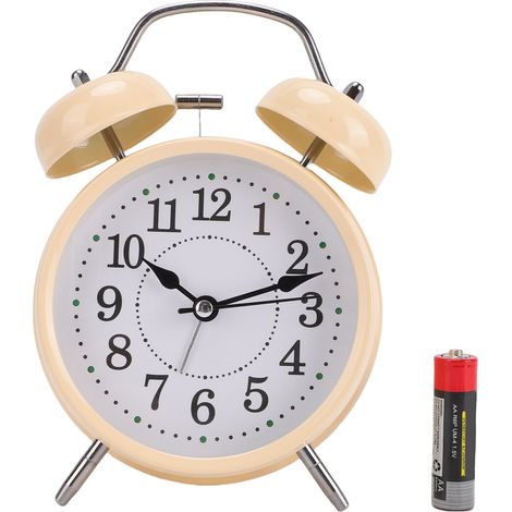 Réveil à cloche en métal avec veilleuse, mouvement silencieux, idéal pour les étudiants. Batterie 300 mAh, cadre en métal jaune. (1/5)