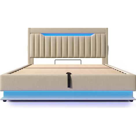 Polsterbett 140x200 cm mit Matratze, Stauraum-Kopfteil, LED, USB & Type-C, Leinen Beige (1/5)