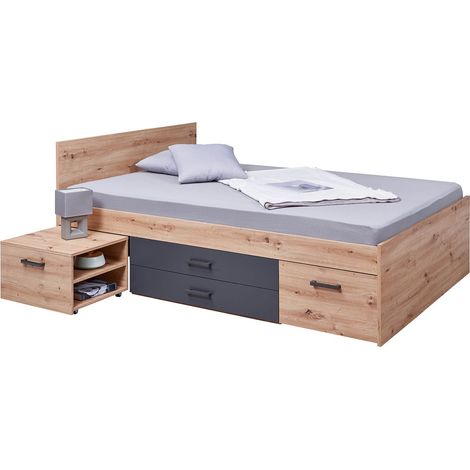 FIDAS - Lit 140x200cm Multi-Rangements Effet Chêne et Anthracite (1/5)