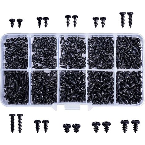 500Pcs Kit d'Assortiment de Vis Autotaraudeuses à Tête Ronde en Acier Au Carbone, 10 Taille Noir à Tête Fraisée à Empreinte Cruciforme Vis Avec Bote De Rangement Pour Bois Plastique, Métal Mou (1/5)