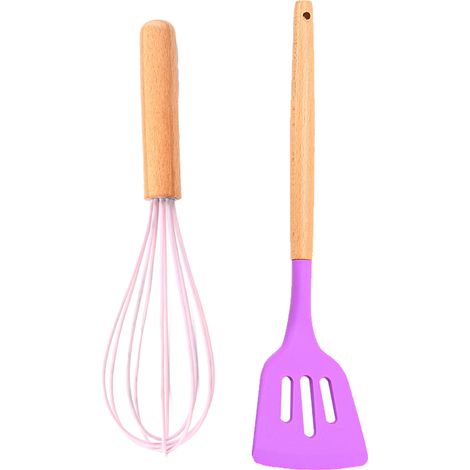 Ensemble Ustensiles Cuisine - Silicone Et Bois Resistants Chaleur - Pour Casseroles Antiadhesives - Lot De 2 Pieces (1/5)