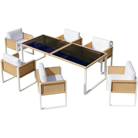 Mobilier de Jardin extérieur, Ensemble Table à Manger et chaises de Jardin en polyrotin pour 6 Personnes avec fauteuils, Housse en Tissu Amovible et Lavable