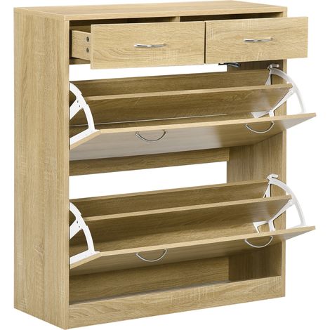 Meuble à chaussures 2 tiroirs 2 portes basculantes étagère ajustable 80x30x91.5 cm poignées aluminium naturel (1/5)