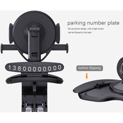 Support Téléphone Voiture Tableau de Bord Fixation Support Numéro de Plaque Pince Automatique Mains Libres Rotation 360° Universel (1/3)