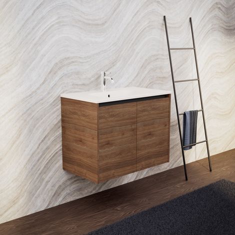 Inda - Meuble de salle de bain L.80 avec vasque mate / Chêne brun (1/5)