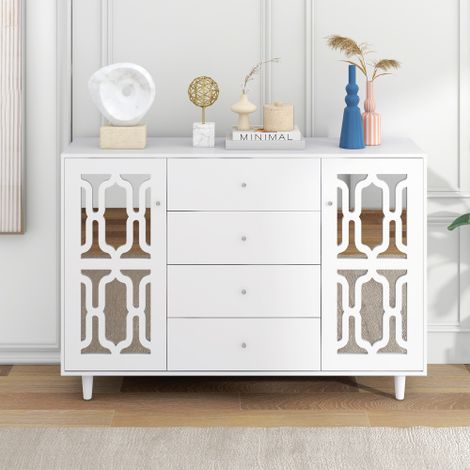 Credenza bianca a specchio con eleganti maniglie in cristallo, ideale per soggiorno e sala da pranzo, 147,5 x 40 x 102 cm.