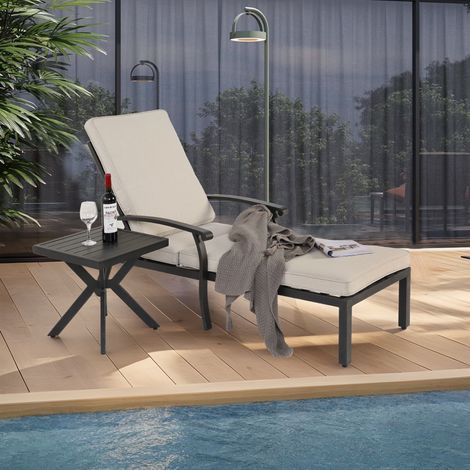 Bain de soleil de jardin - avec coussins beiges - transat d'extérieur en aluminium - réglable en cinq positions - revêtement antirouille - convient pour les terrasses, les piscines ou les jardins