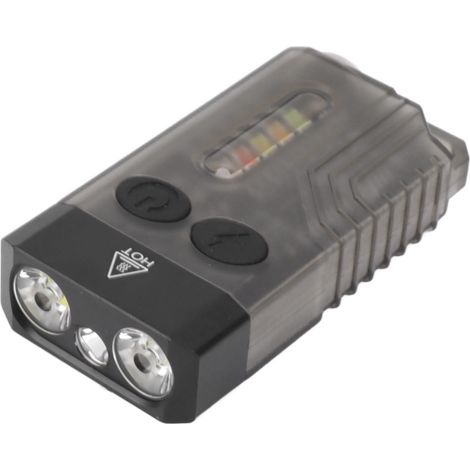 Mini lampe torche portable rechargeable avec alarme sonore et porte-clés, idéale pour le camping, la randonnée et les activités de plein air. Couleur violette, longueur d'onde de 365 nm.