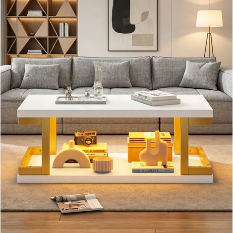 Mesa de centro LED rectangular 100 x 50 x 37,5 cm MDF blanco y metal dorado DESVIAE (1/5)
