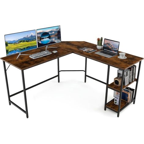 COSTWAY Bureau d'angle 138 x 138 cm, Bureau d'ordinateur en Forme de L avec Étagère à 2 Niveaux Amovible, Poste de Travail Cadre en Métal, Assemblage Facile, pour Bureau, Chambre (Marron Rustique) (1/5)