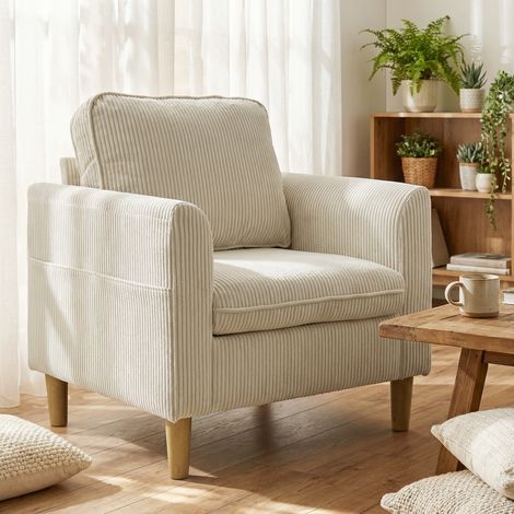 Fauteuil de salon en velours côtelé, canapé 1 place rembourré avec assise large et coussin à ressorts, 83x74x87cm, beige (1/5)