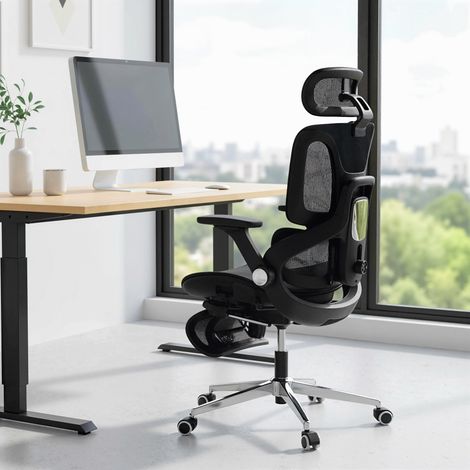 Fauteuil de Travail Ergonomique en Maille Respirante Noire, Siège à Hauteur et Profondeur Réglables, Accoudoirs 4D, Repose-Tête Intégré, Idéal pour Bureau et Gaming (1/5)