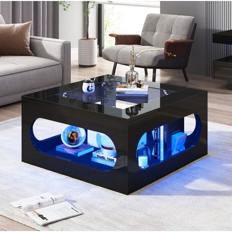 Tavolino da salotto 70x70x35 cm, piano in vetro temperato, LED controllati da app, MDF nero (1/5)